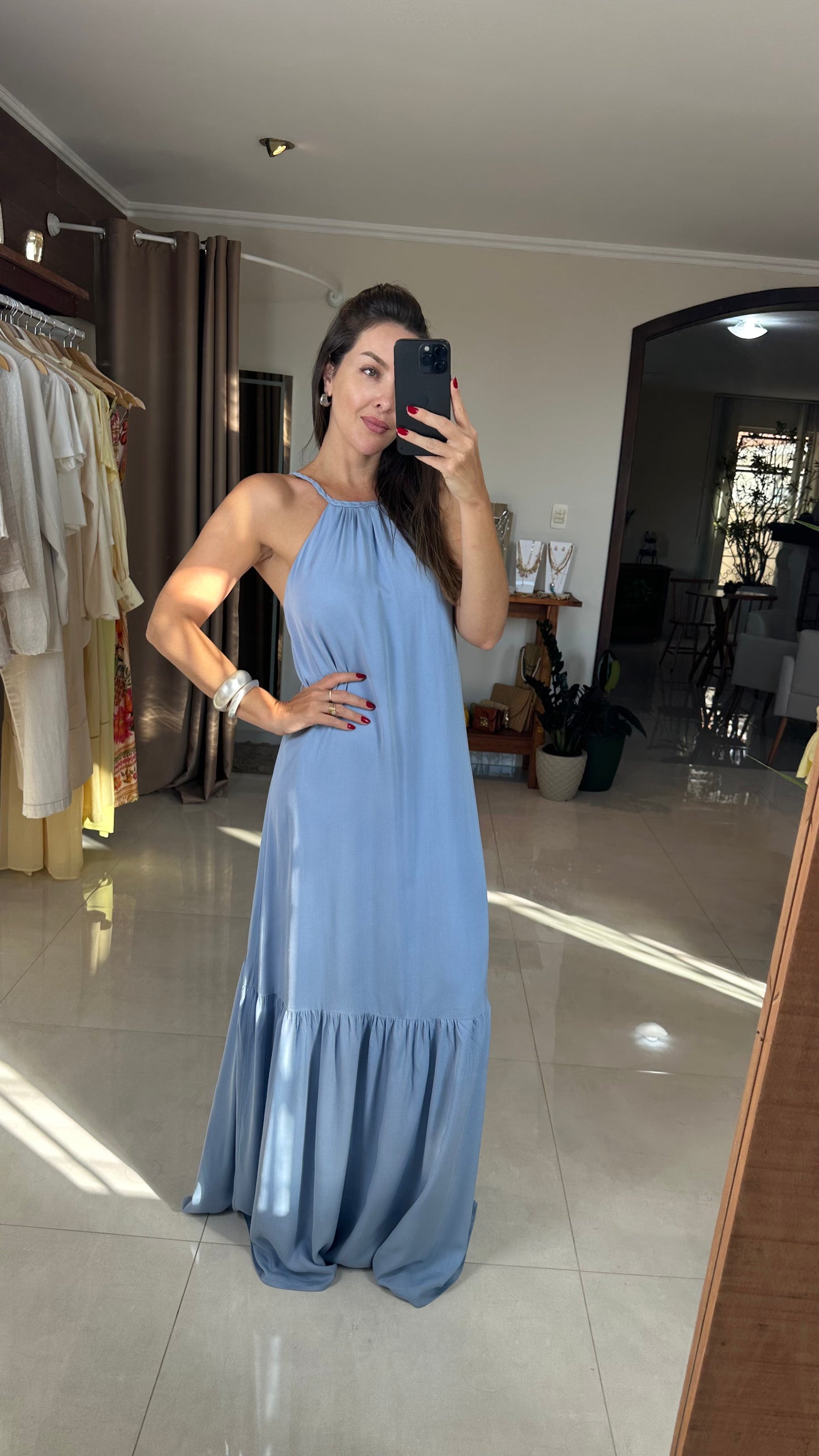 Vestido Longo Feminino Alça Fina Decote Halter em Viscose Leve – Mahfê