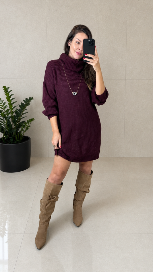 Vestido Feminino Tricot Gola Alta Oversized em Malha Macia – Mahfê