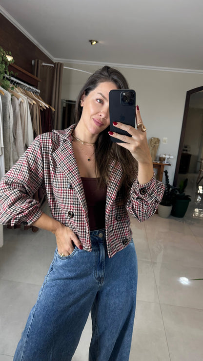 Jaqueta Feminina Xadrez Chess Cropped em Tecido Encorpado – Mahfê