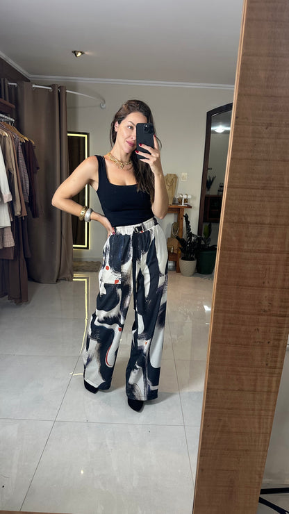 Calça Feminina Pantalona Estampada Cintura Alta em Viscose Amália – Mahfê