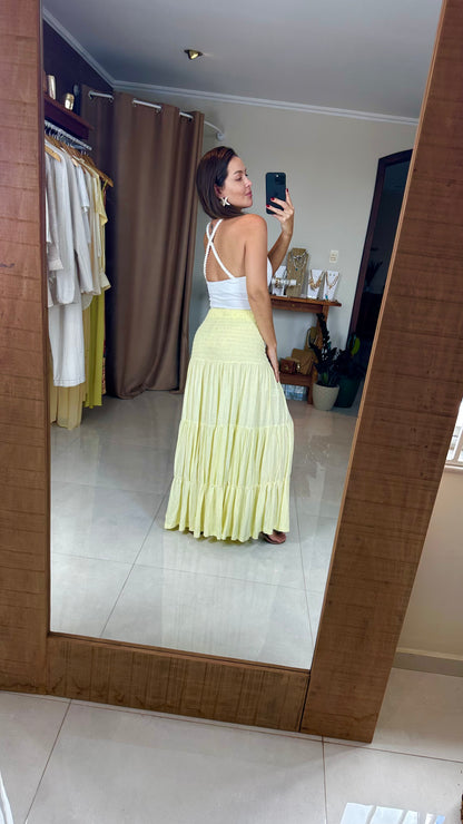 Saia Longa Feminina com Fenda Lateral e Cintura Lastex em Viscose Leve – Mahfê