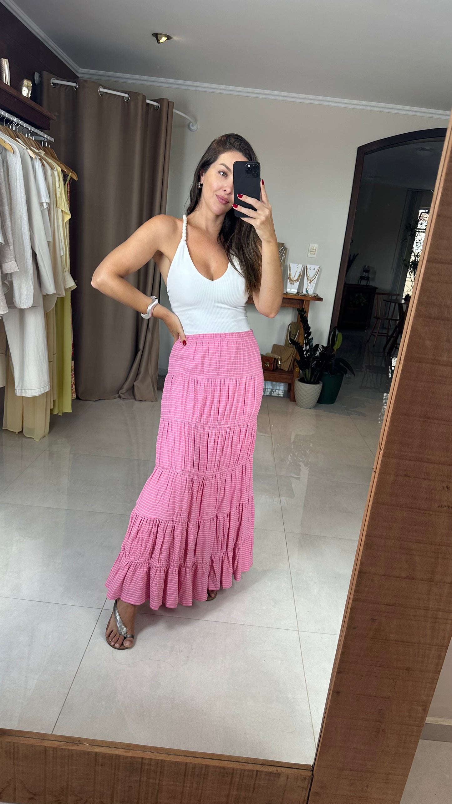Saia Longa Feminina Melissa em Viscose Texturizada com Babados – Mahfê