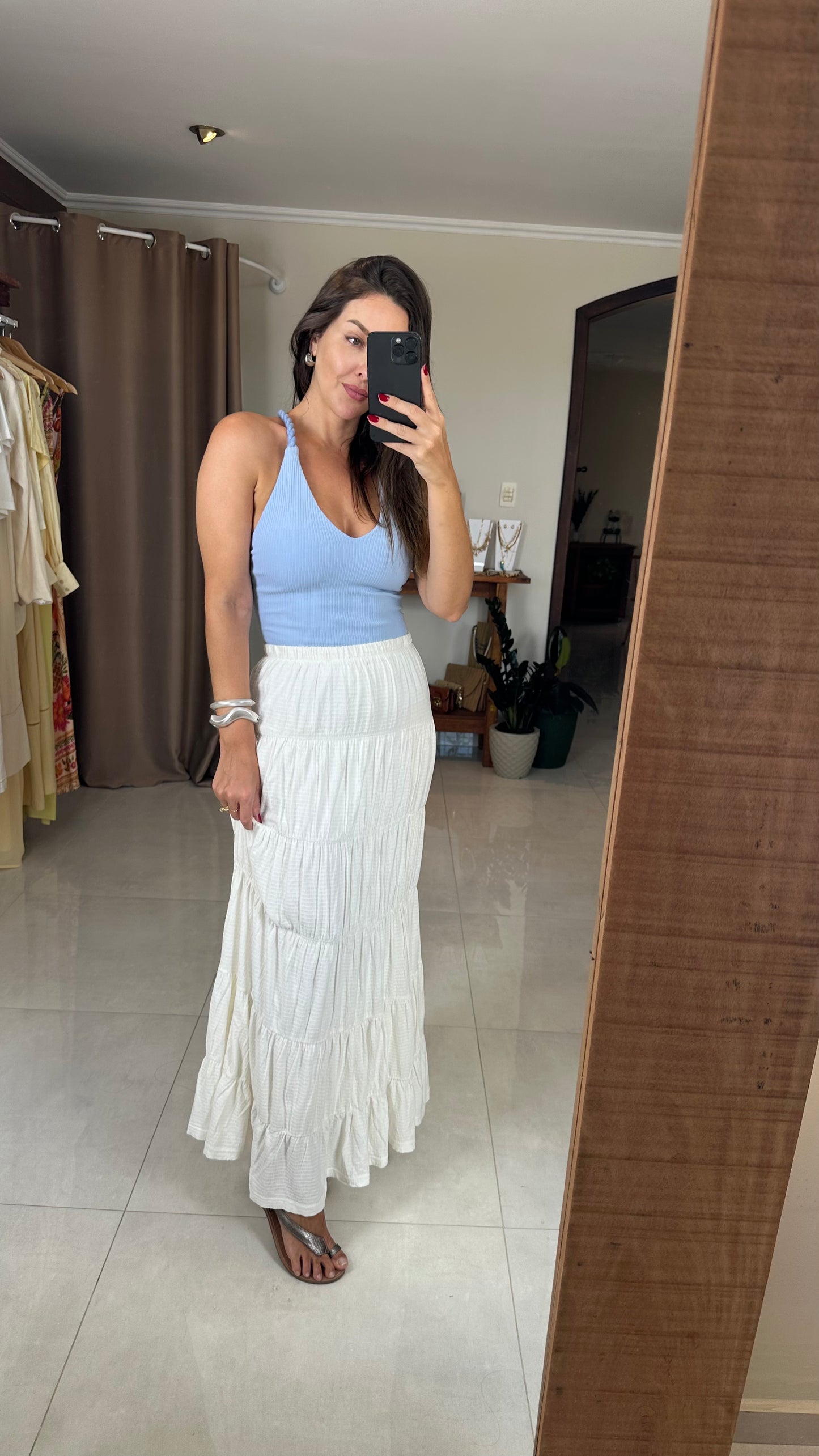 Saia Longa Feminina Melissa em Viscose Texturizada com Babados – Mahfê