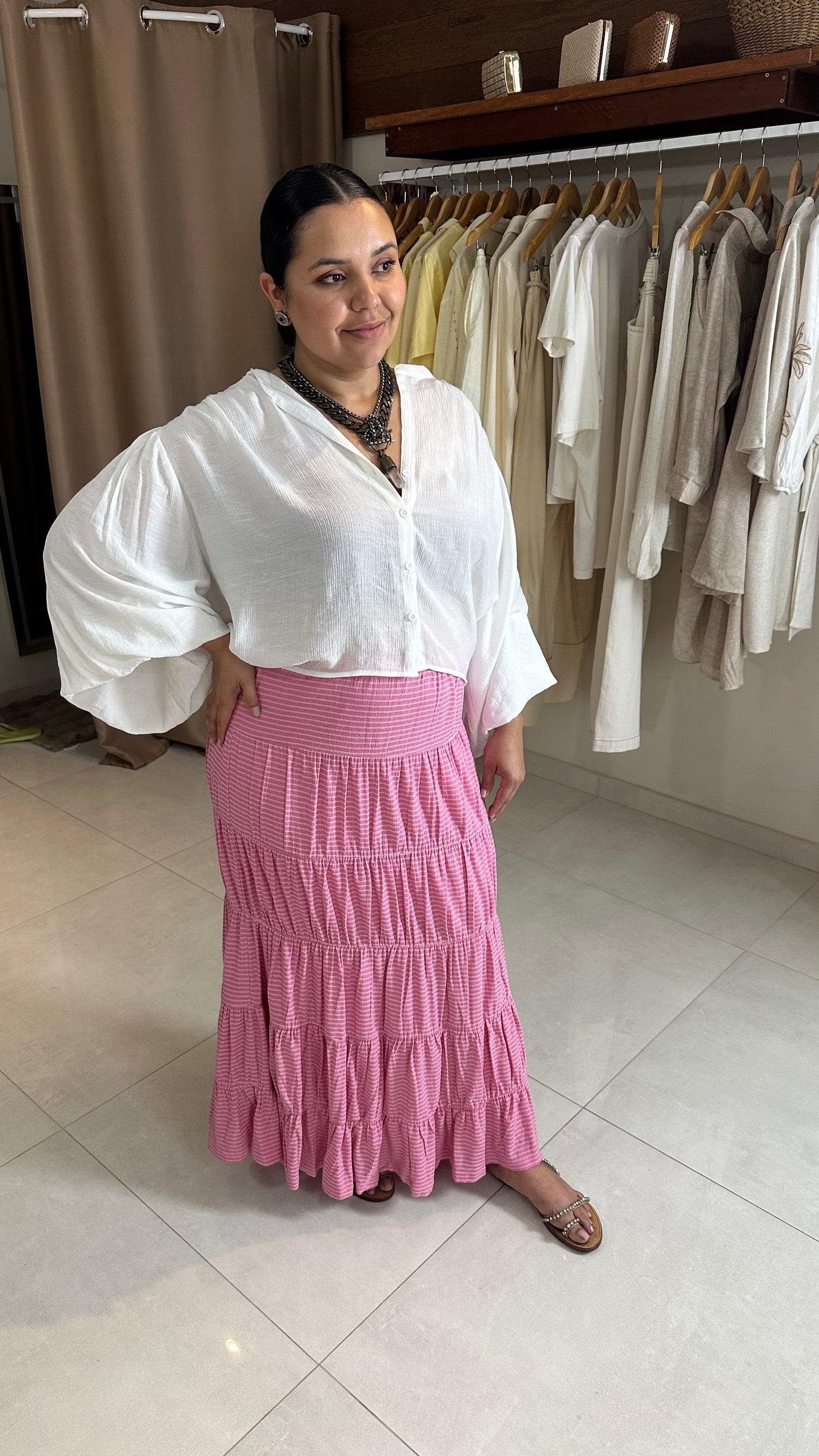 Saia Longa Feminina Melissa em Viscose Texturizada com Babados – Mahfê