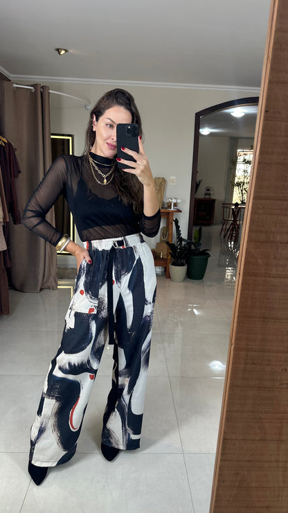 Calça Feminina Pantalona Estampada Cintura Alta em Viscose Amália – Mahfê