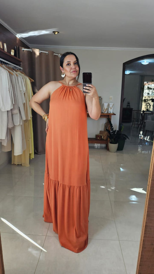 Vestido Longo Feminino Alça Fina Decote Halter em Viscose Leve – Mahfê